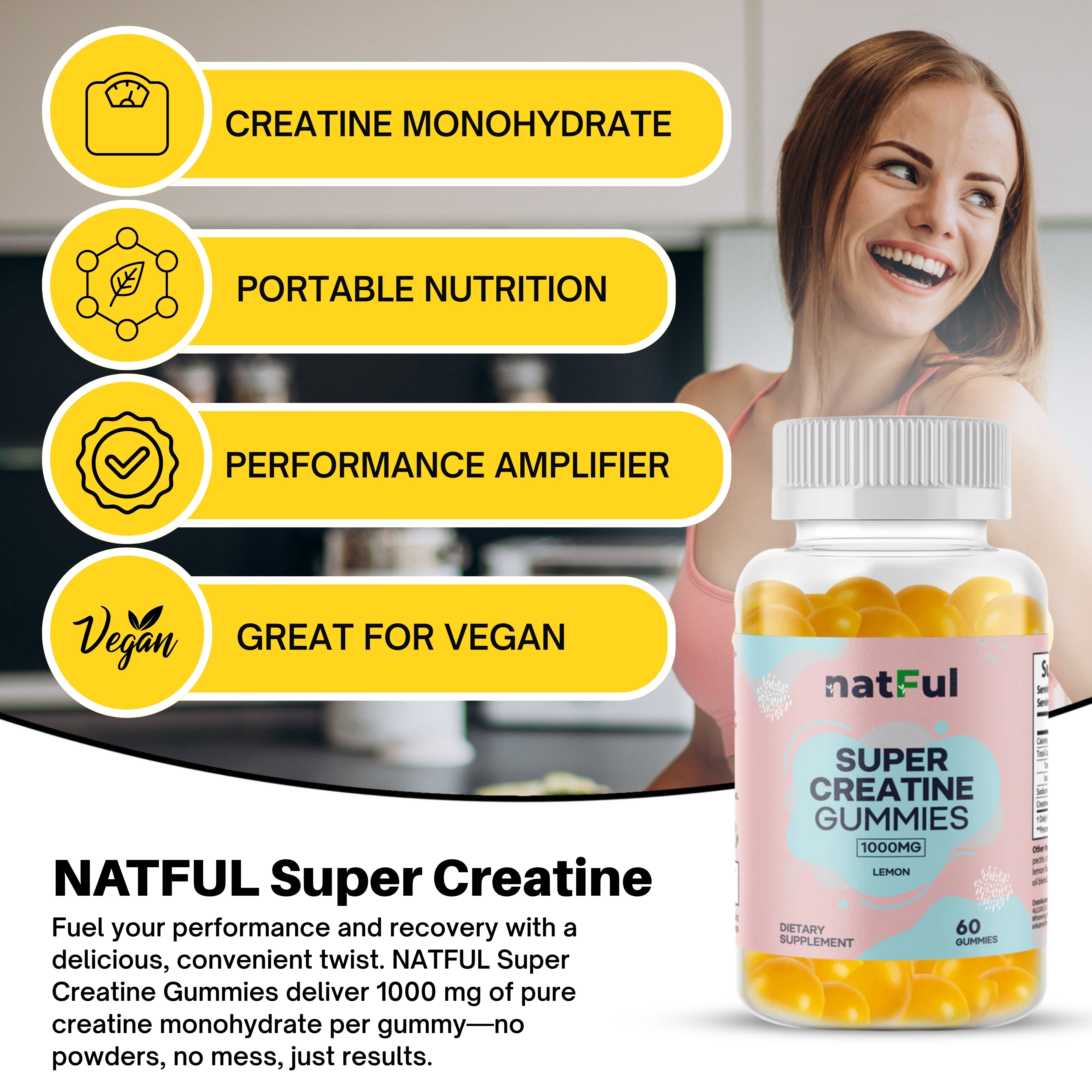 NATFUL Super Creatine Gummies – 1000 mg Creatine Monohydrate | 11 oz | 60 Gumies