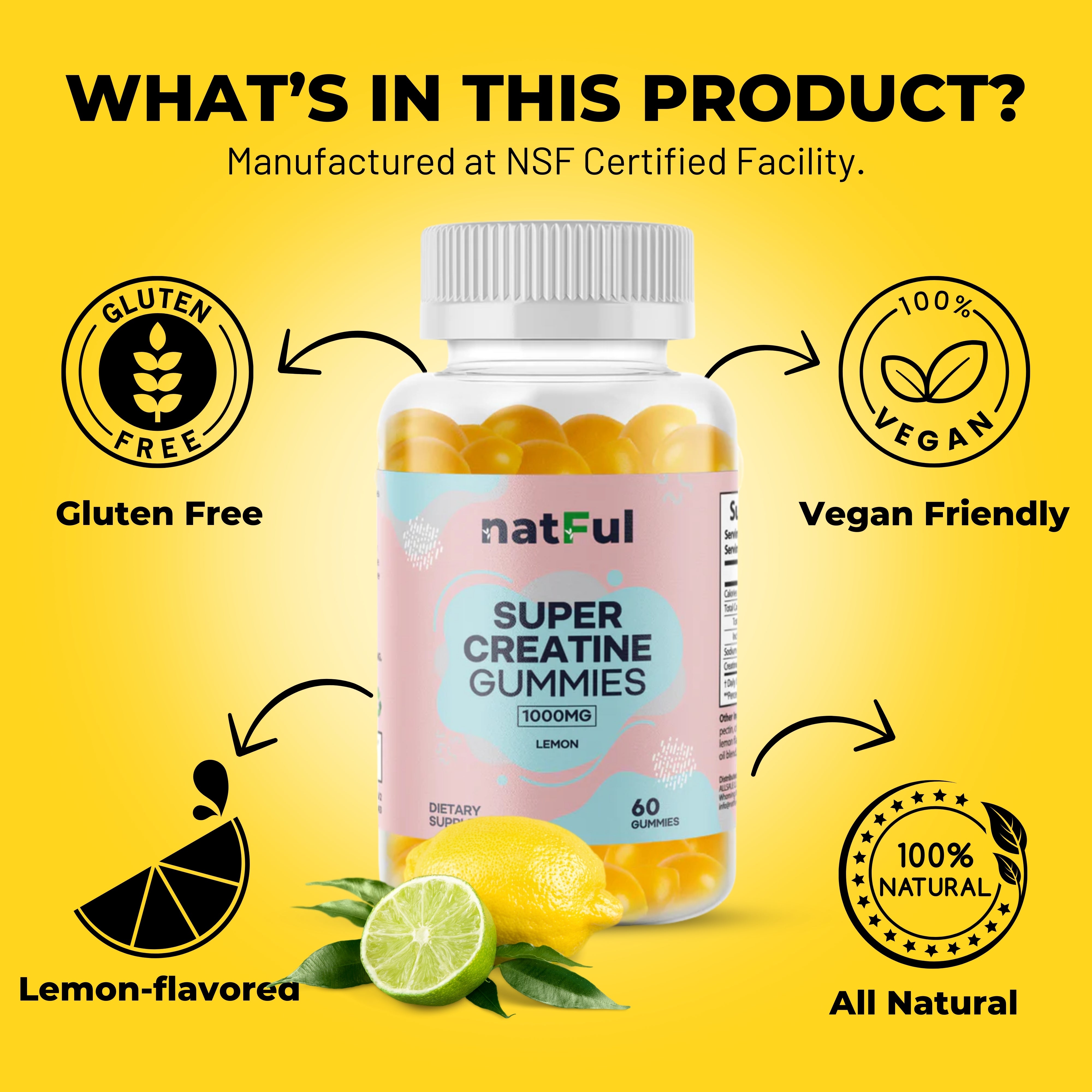 NATFUL Super Creatine Gummies – 1000 mg Creatine Monohydrate | 11 oz | 60 Gumies