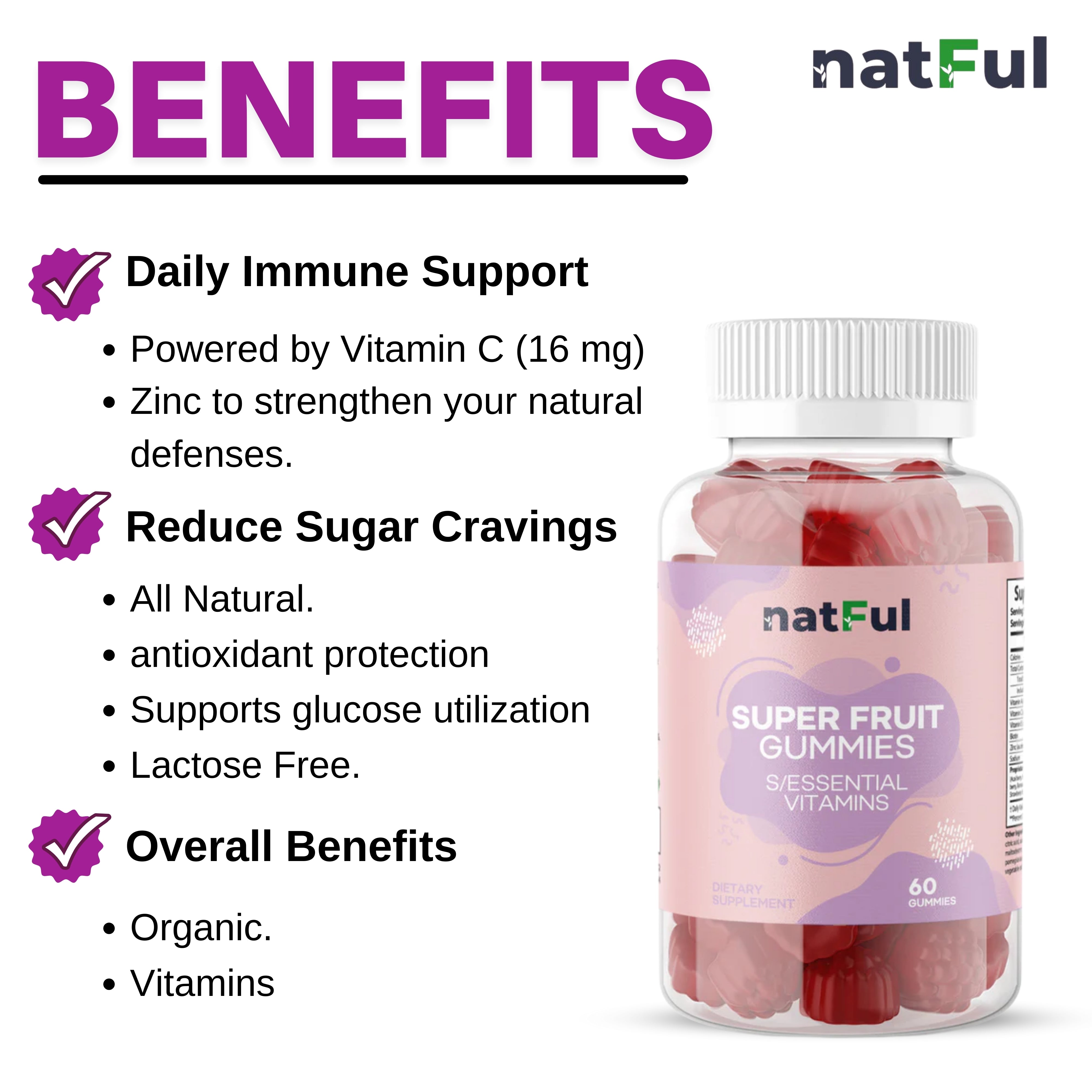 NATFUL Super Fruit Gummies with Essential Vitamins | 7 oz | 60 Gummies