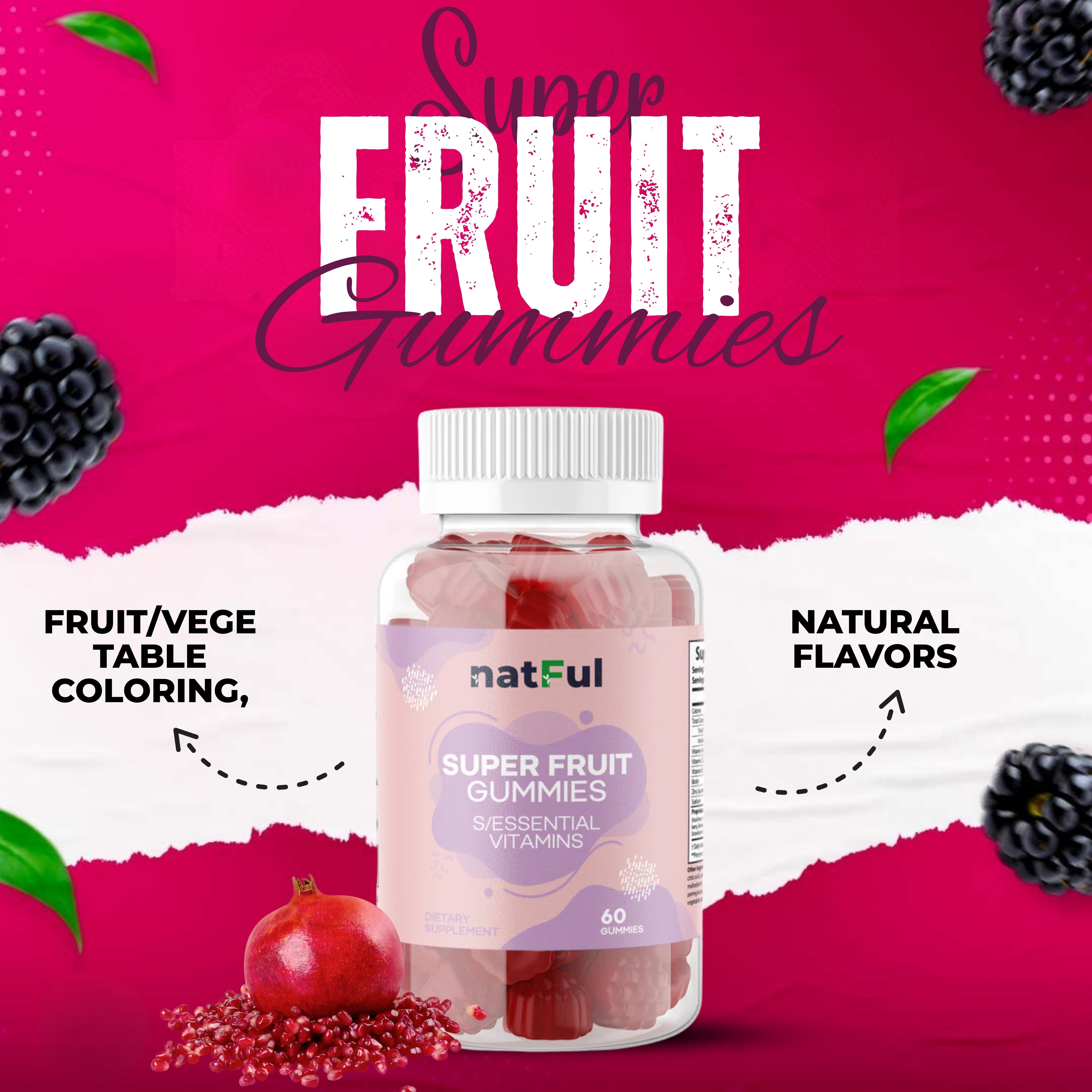 NATFUL Super Fruit Gummies with Essential Vitamins | 7 oz | 60 Gummies