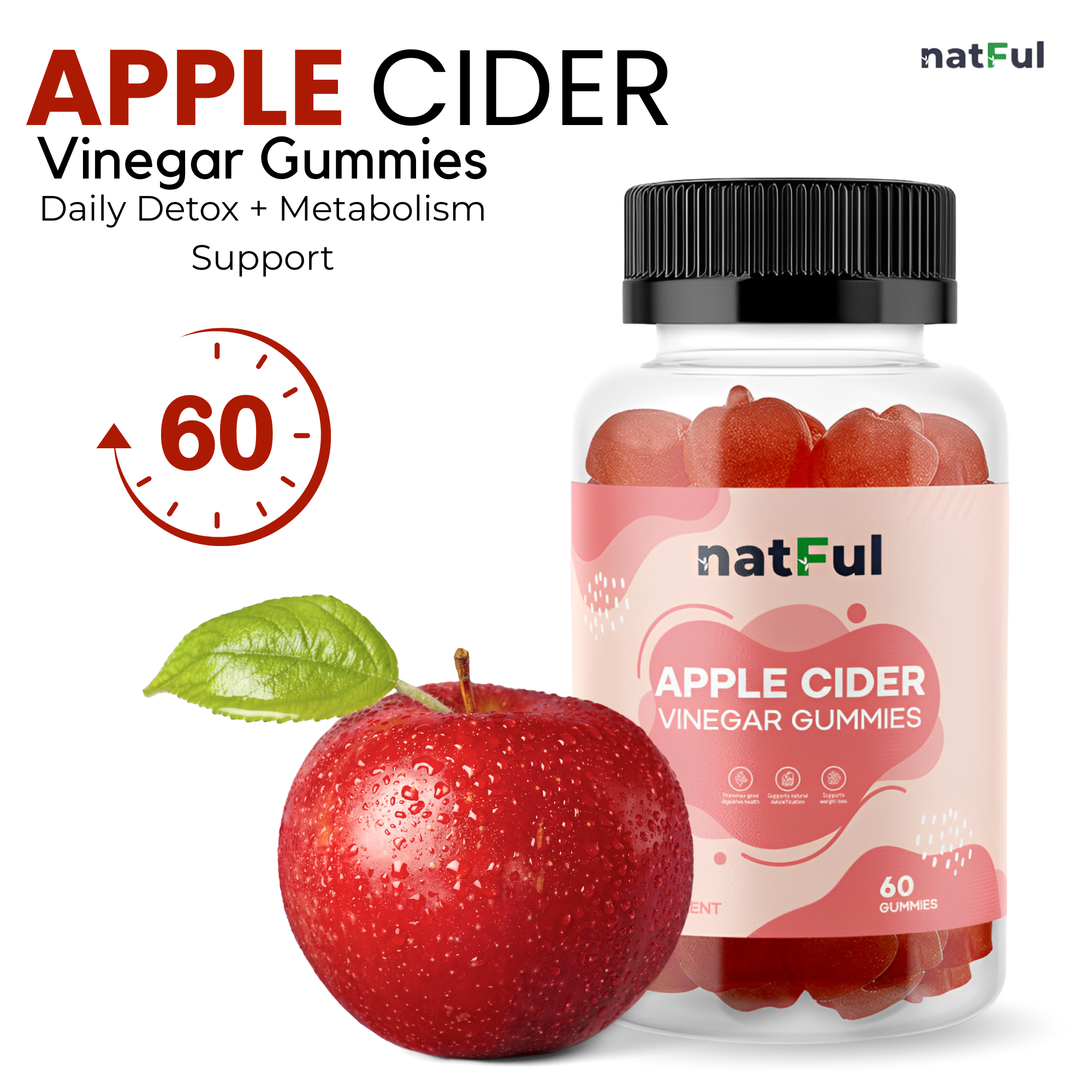NATFUL Apple Cider Vinegar Gummies – Daily Detox + Metabolism Support | 60 Gummies (11 oz)