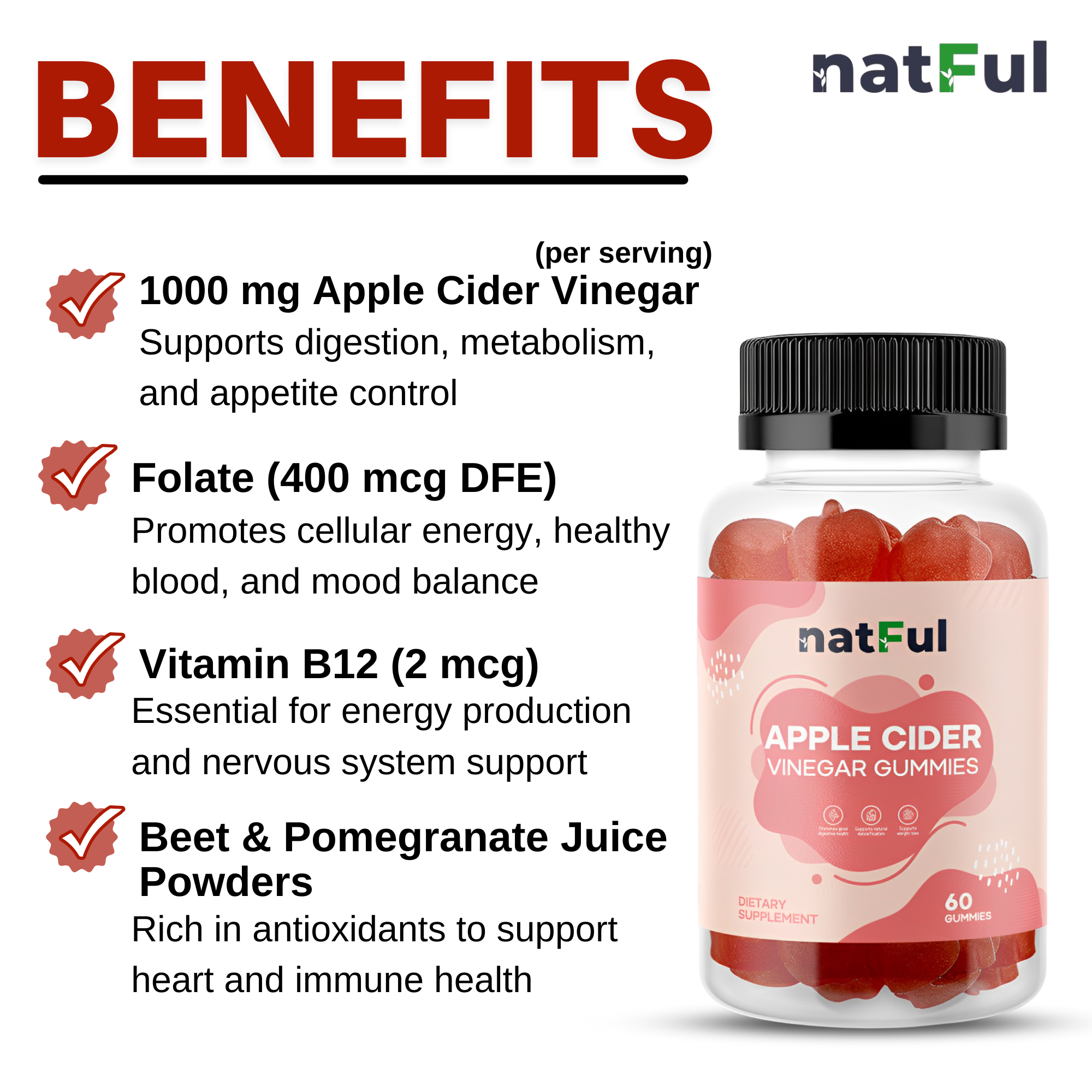 NATFUL Apple Cider Vinegar Gummies – Daily Detox + Metabolism Support | 60 Gummies (11 oz)