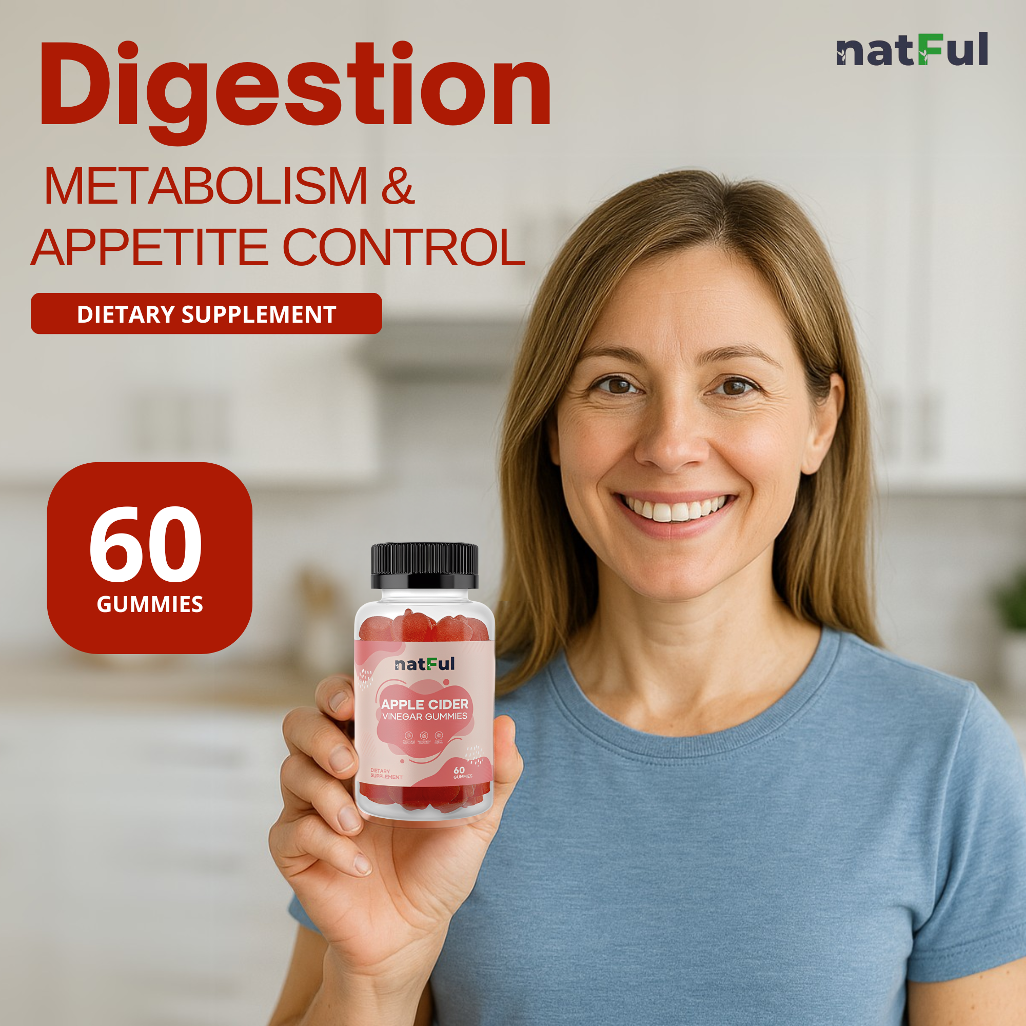 NATFUL Apple Cider Vinegar Gummies – Daily Detox + Metabolism Support | 60 Gummies (11 oz)