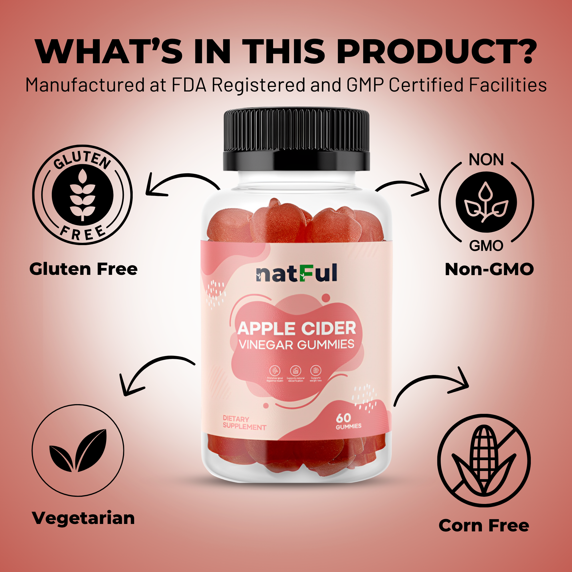 NATFUL Apple Cider Vinegar Gummies – Daily Detox + Metabolism Support | 60 Gummies (11 oz)