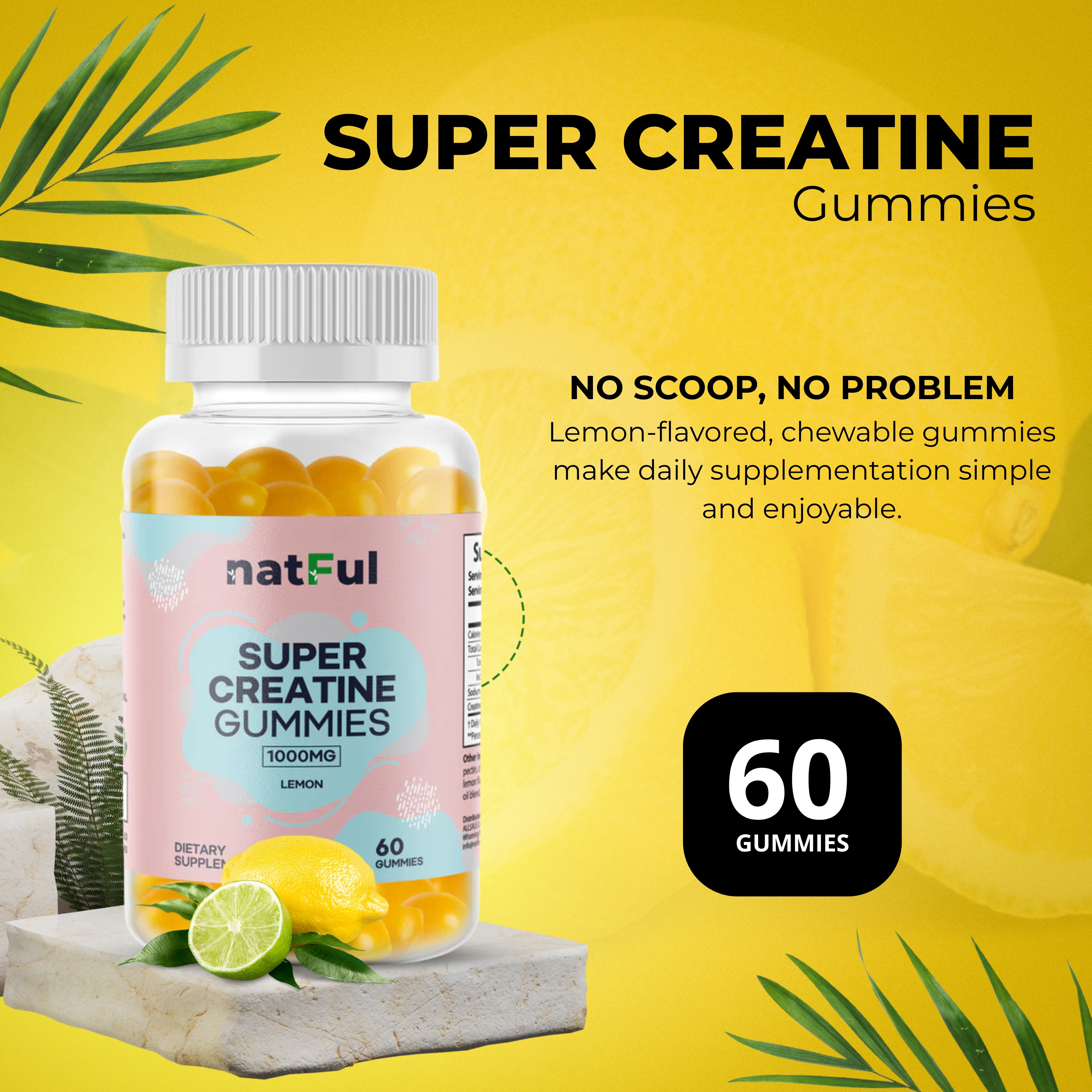 NATFUL Super Creatine Gummies – 1000 mg Creatine Monohydrate | 11 oz | 60 Gumies